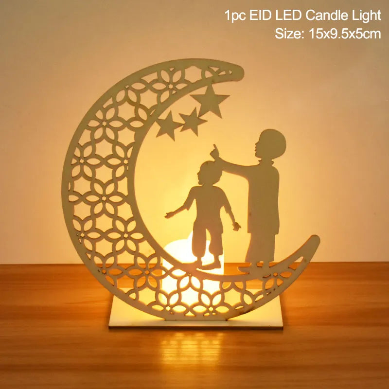 EID Mubarak Wooden Pendant With LED Candles Light Ramadan Decorations for Home Islamic Muslim Party Eid Decor Kareem Ramadan