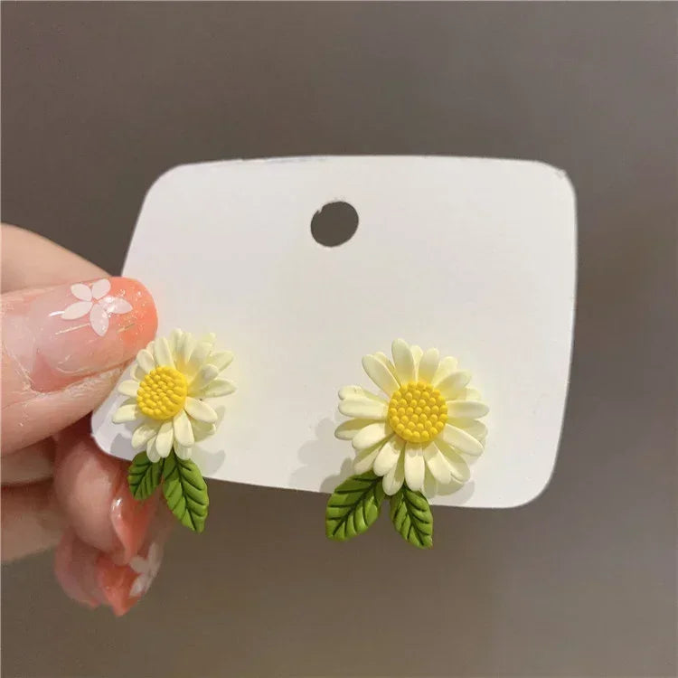 Korean Jewelry Fresh Cute Hook Drop Oil Flower Stud Earrings Crystal Earring for Women
