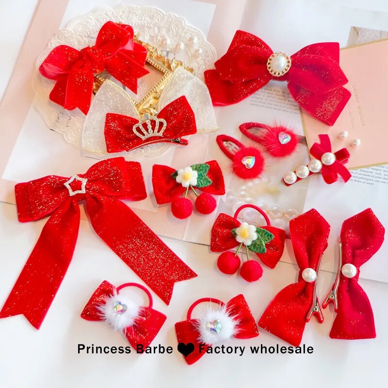 Red Golden Velvet Bow Hair Ornament Baby Hair Circles Pins Christmas New Year Ko