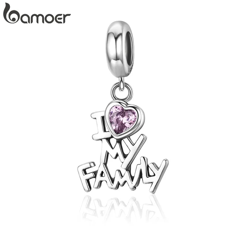 BAMOER 925 Sterling Silver I Love My Family Heart Dangle Charms Fit Women Charm Bracelets Jewelry Family