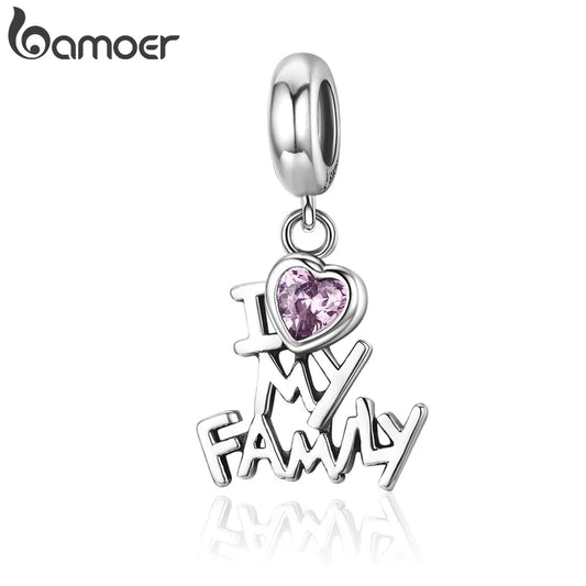 BAMOER 925 Sterling Silver I Love My Family Heart Dangle Charms Fit Women Charm Bracelets Jewelry Family