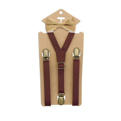 3 Clips Y Back Kid Brown Tan Leather Suspender and Bow Tie Ring Bearer Bowtie Set Birthday Outfit 80*1.5cm Adjustable