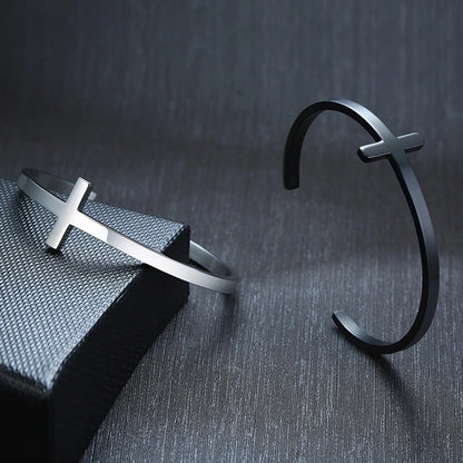 Silverly Cross Cuff Bracelet Stainless Steel Sideways Cross Bracelet Open Cuff Bangle for Men Unisex Jewelry