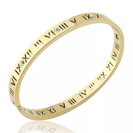 Opening Titanium Steel Bangles Crystal Gold Color Bangles Roman Numerals Women's Bracelet