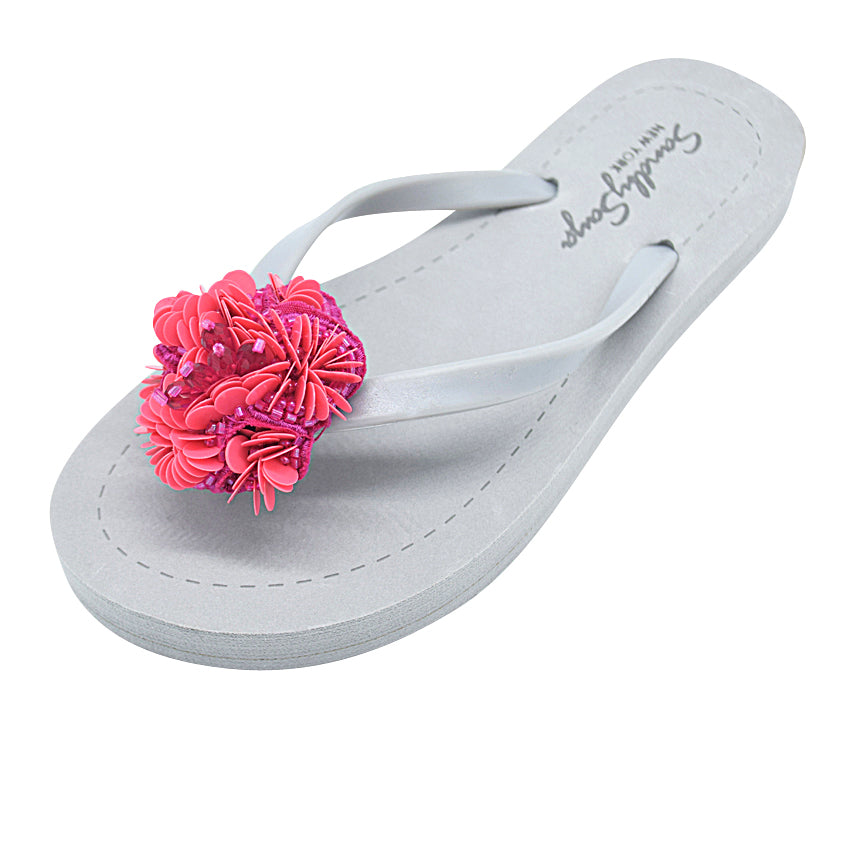 Pink Noho Flower- Embroidered Flat Flip Flops Sandal