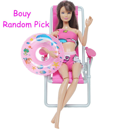 3 Pcs/Lot = 1x Swimsuit Bikini + 1x Random Swimming Buoy Lifebelt Ring +1x Pink Foldable Beach Chair Accessories for Barbie Doll