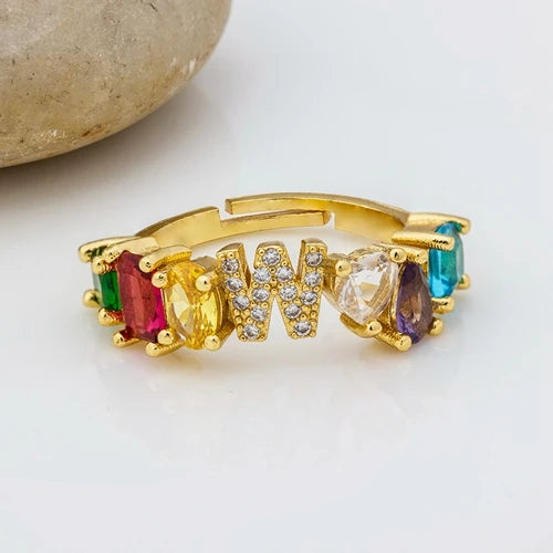 Adjustable A-Z Initial Ring Bohemian Copper Zircon  Rainbow Letter Rings for Women Girls Party Wedding Jewelry