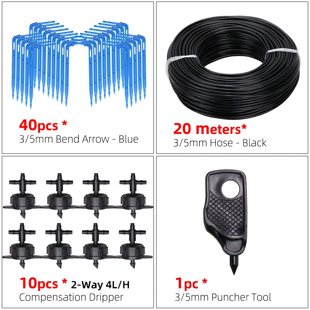 MUCIAKIE Garden Drip Irrigation Kit Micro Watering Elbow Drippers System for Greenhouse Pot Plants 1/8'' 3/5mm Hose Set 2/4 Ways