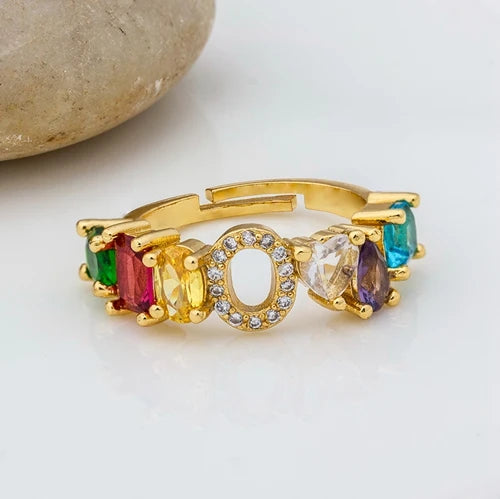 Adjustable A-Z Initial Ring Bohemian Copper Zircon  Rainbow Letter Rings for Women Girls Party Wedding Jewelry