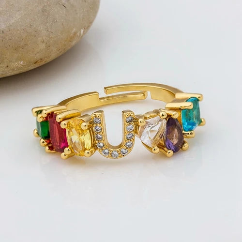 Adjustable A-Z Initial Ring Bohemian Copper Zircon  Rainbow Letter Rings for Women Girls Party Wedding Jewelry