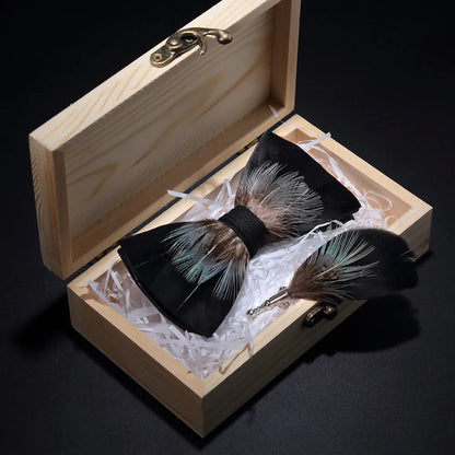 KAMBERFT Design Handmade Feather Bow Tie Brooch Wooden Box Set High Quality Men's Bowtie Leather Tie for Wedding Party Banquet