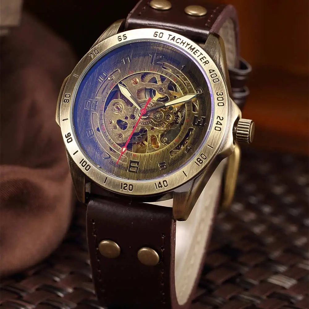 Men Watch Skeleton Automatic Mechanical Male Clock Top Brand Luxury Retro Bronze Sport Military Wristwatch Relogio Masculino