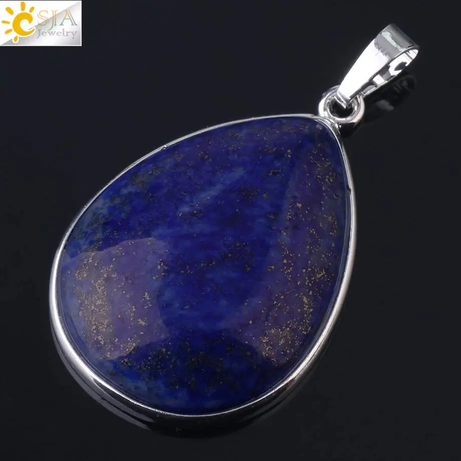 CSJA Natural Stone Pendants  Tiger Eye Pink Quartz Purple Crystal Lapis Necklace Water Drop Flat Bead Women Healing Jewelry F982