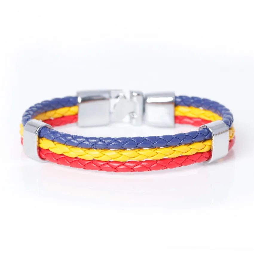 XQNI Fashion National Spain Flag ID Leather Bracelet Trendy Braided Surfer Bandage Charm Sporty Bracelets for Men Women Bangles