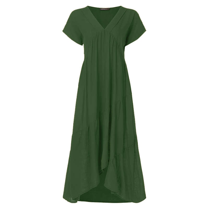 Bohemian Summer Womens Sundress ZANZEA Fashion v Neck Midi Vestidos Female Solid Ruffle Dresses Asymmetrical Robe