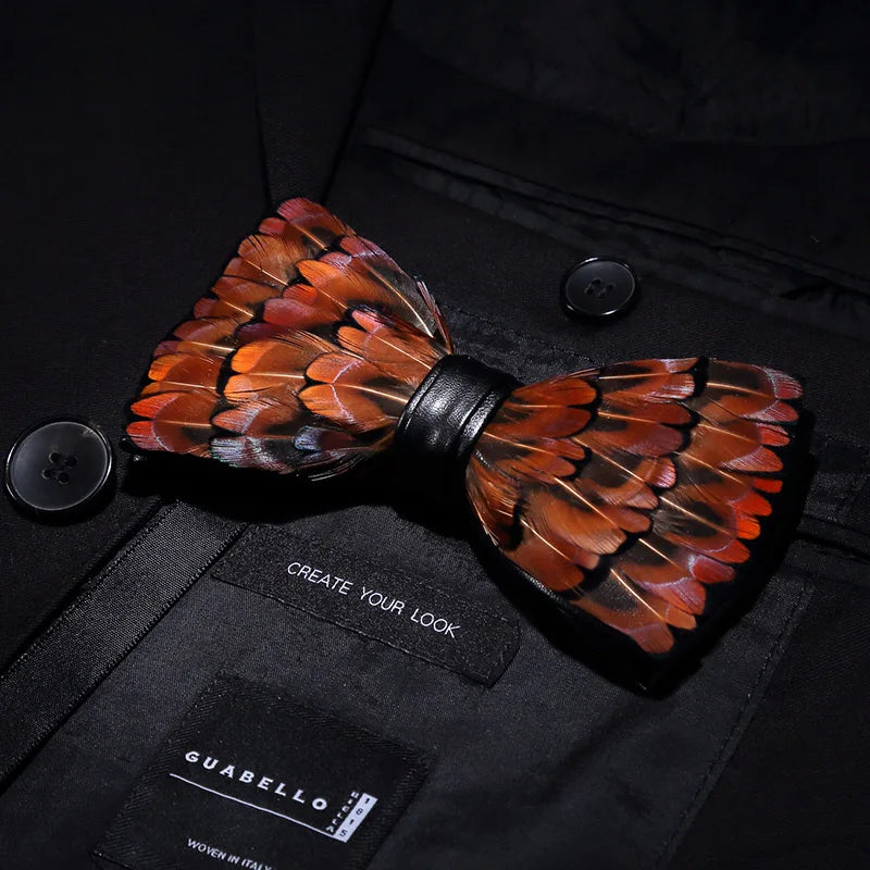 KAMBERFT Designer Brand Handmade Feather and Leather Pre-Tied Bow Tie and Brooch Sets for Men Wedding Party Best Cravate