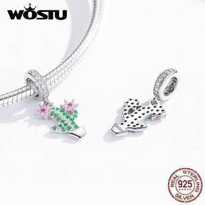 WOSTU New Fashion 925 Sterling Silver Cactus & Flower Beads Green Zircon Fit Original Bracelet Pendant Charms DIY Jewelry CTC121