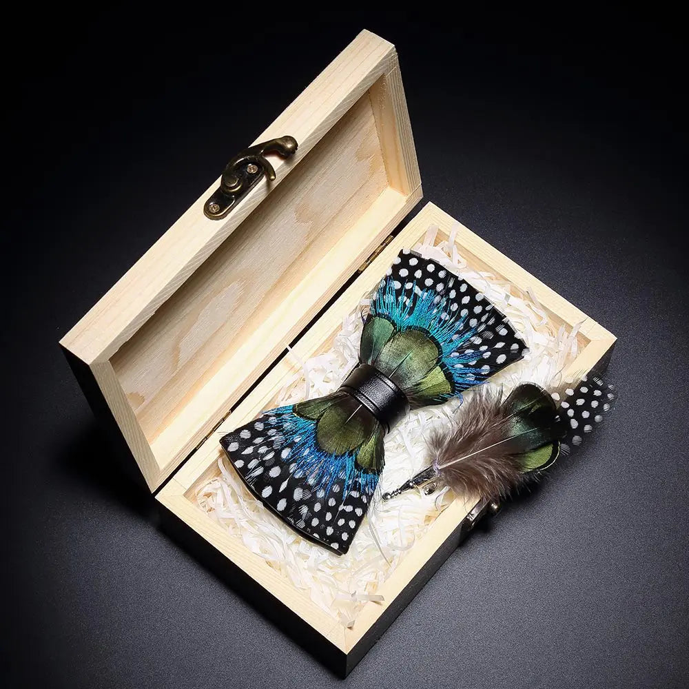 KAMBERFT Design Handmade Feather Bow Tie Brooch Wooden Box Set High Quality Men's Bowtie Leather Tie for Wedding Party Banquet