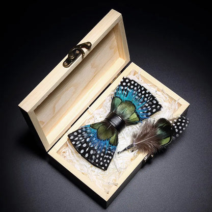 KAMBERFT Design Handmade Feather Bow Tie Brooch Wooden Box Set High Quality Men's Bowtie Leather Tie for Wedding Party Banquet