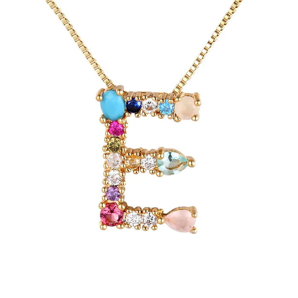 Nidin Rainbow Color Initial CZ Necklace Charm Letter Pendant Name Jewelry Women Accessories Fine Party Birthday