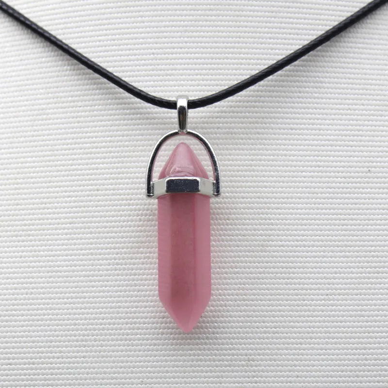 1PCS Natural Stone Quartz Crystal Opal Agates Hexagonal Column Pendulum Pendant Leather Chains Necklace Fashion Charms Pendant
