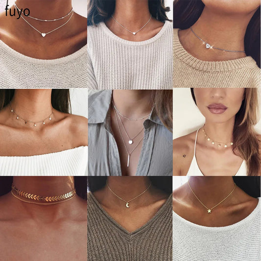 Bohemian Moon Star Crystal Heart Choker Necklace for Women Necklace Pendant on Neck Chocker Necklace Jewelry