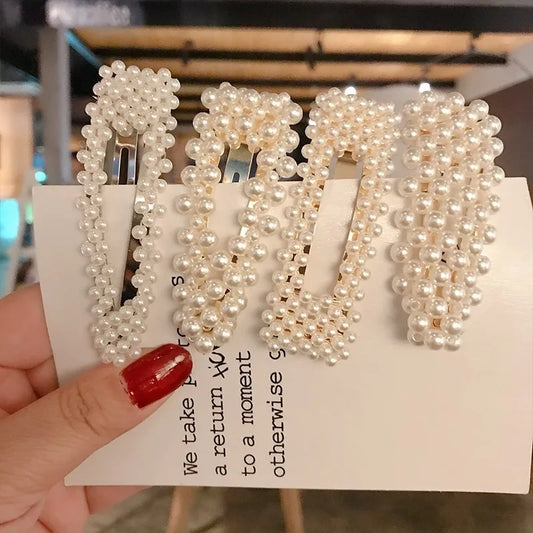Korean Simulated Pearl Barrettes Beaded Geometric Women Hair Clip Hairgrips Hair Accessories Girls Jewelry Hair Pins
