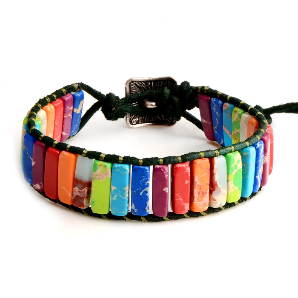 7 MultiColor Chakra Natural Stone Bracelet Bohemia Handmade Tube Beads Leather Wrap Bracelet Yoga Bracelets for Woman