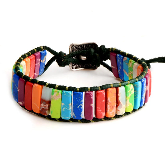 7 MultiColor Chakra Natural Stone Bracelet Bohemia Handmade Tube Beads Leather Wrap Bracelet Yoga Bracelets for Woman