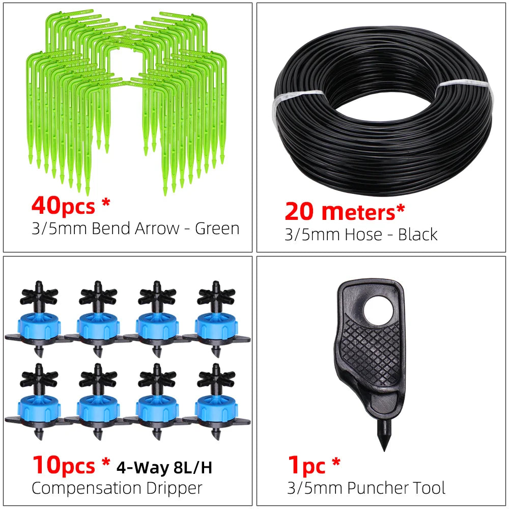 MUCIAKIE Garden Drip Irrigation Kit Micro Watering Elbow Drippers System for Greenhouse Pot Plants 1/8'' 3/5mm Hose Set 2/4 Ways