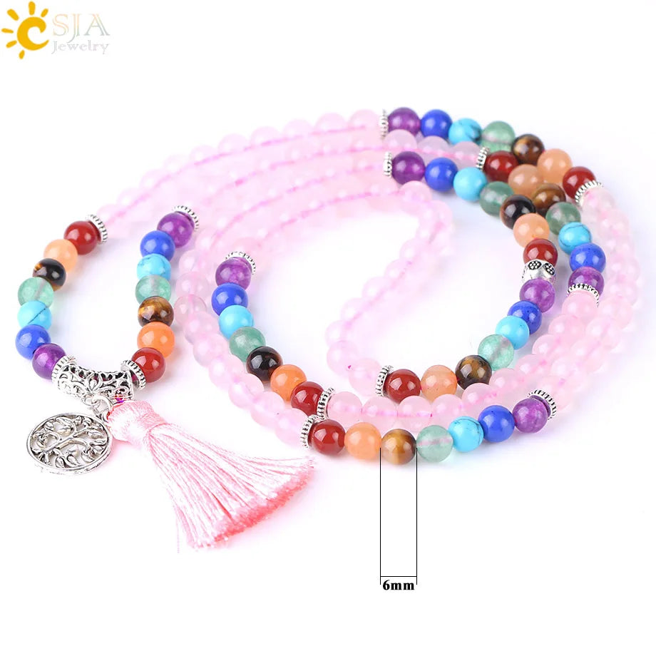 CSJA Women Maxi Long Necklace Natural Mala Gem Stone Bead Tassel 7 Chakra Tiger Eye Pink Quartz Howlite Reiki Boho Necklace E590