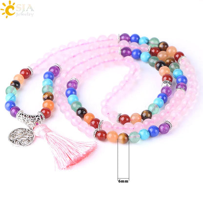 CSJA Women Maxi Long Necklace Natural Mala Gem Stone Bead Tassel 7 Chakra Tiger Eye Pink Quartz Howlite Reiki Boho Necklace E590
