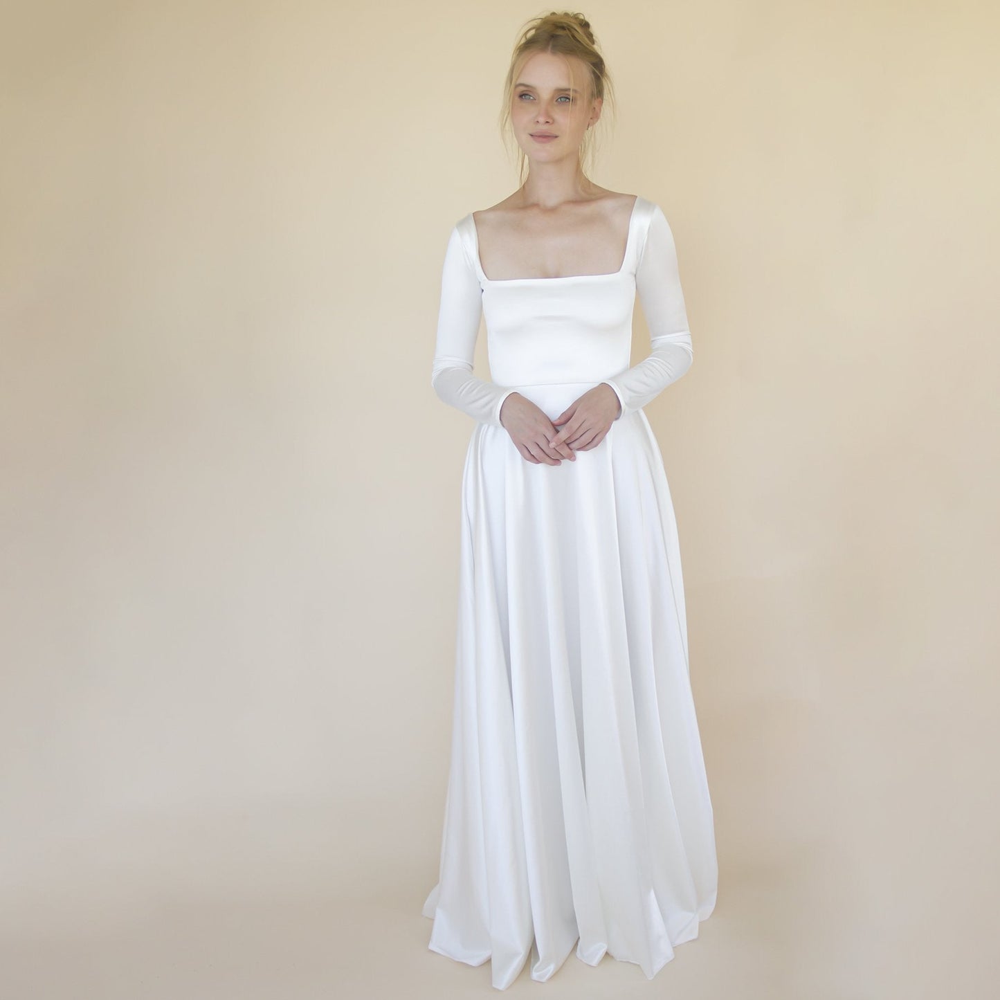 Bestseller Ivory Square Neckline Minimalist Satin Wedding Dress #1351