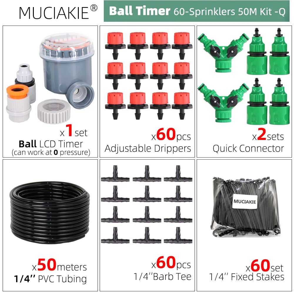 MUCIAKIE 50m-5m DIY Drip Irrigation System Automatic Watering Garden Hose Micro Drip Watering Kits With Adjustable Drippers