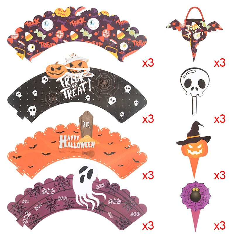 24/32 Pieces Halloween Cupcake Wrappers Pumpkin Spiderweb Bat Toppers Cupcake Kit for Halloween Party Cake Decoration Baking Cup