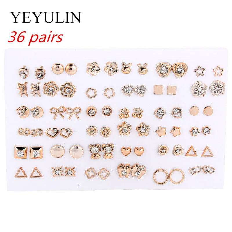 36Pairs/18pairs Earrings Mixed Styles Rhinestone Sun Flower Geometric Animal Plastic Stud Earrings Set for Women Girls Jewelry