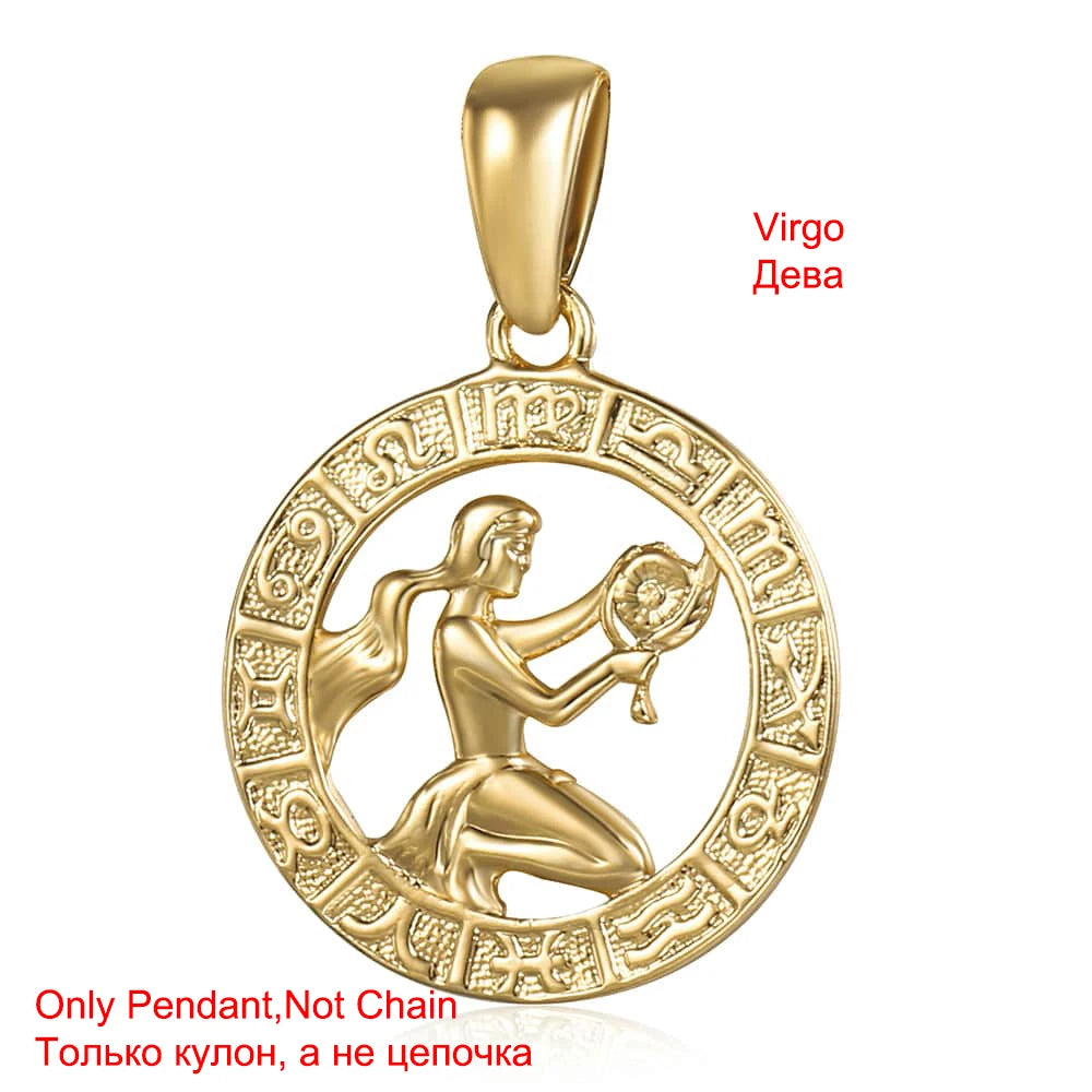 Davieslee Pendant Necklace for Women 12 Zodiac Sign Constellation Yellow Rose Gold Color Womens Necklaces Round Shaped LGPM16