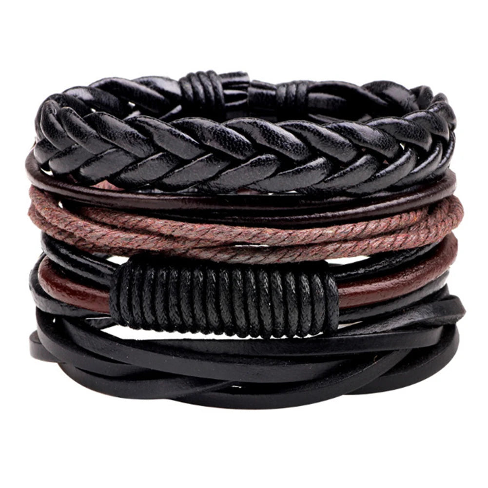 Multilevel Braided Wrap Leather Bracelets for Men Vintage Leather Bracelet Charm Wood Beads Ethnic Wristbands