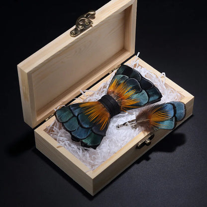 KAMBERFT Design Handmade Feather Bow Tie Brooch Wooden Box Set High Quality Men's Bowtie Leather Tie for Wedding Party Banquet