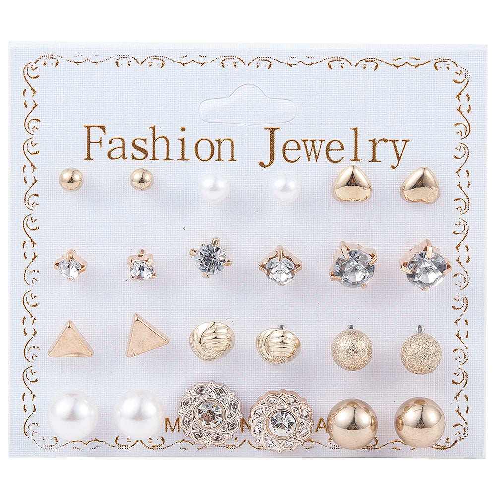 Crystal Simulated Pearl Earrings Set Women Jewelry Accessories Piercing Ball Stud Earring Kit Bijouteria Brincos
