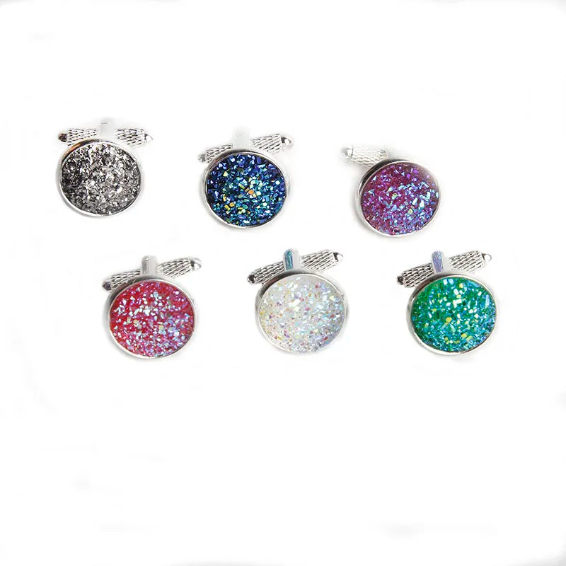 Simple Luxury Colorful Drusy Stone Cufflinks for Men Women Round Rhinestone Cuff Links Novelty Shirt Sleeve Buttons Accessories