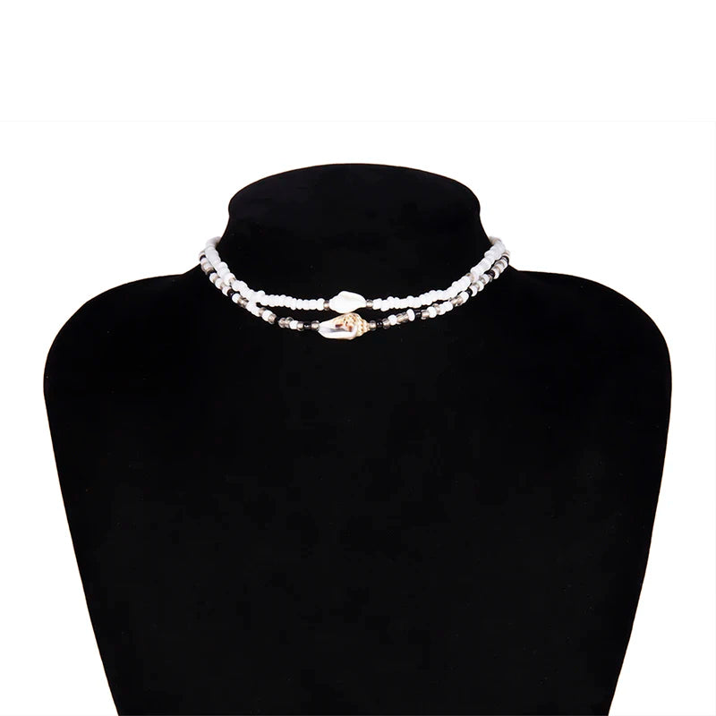 Separable 2 Layered White/Black Beads Necklaces Korean Small Beaded Conch Acrylic Shell Choker Necklace for Women Fashion Collar