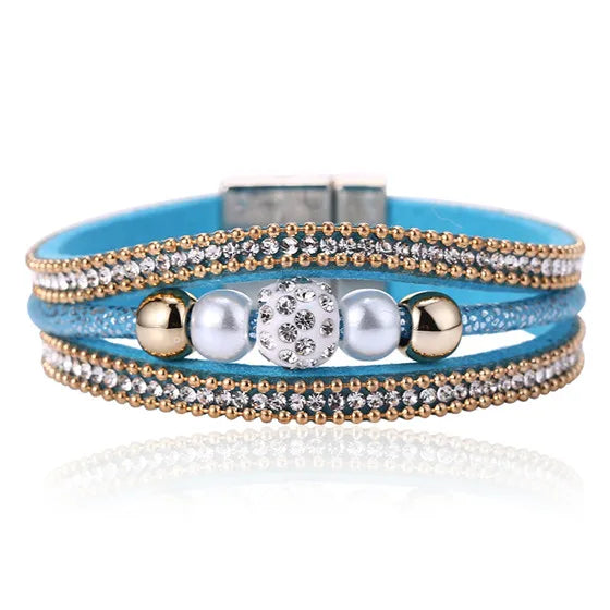 HOCOLE Fashion Gem Rhinestone Magnetic Leather Bracelets & Bangles Bohemian Handmade Multilayer Wrap Jewelry Women Pulseira
