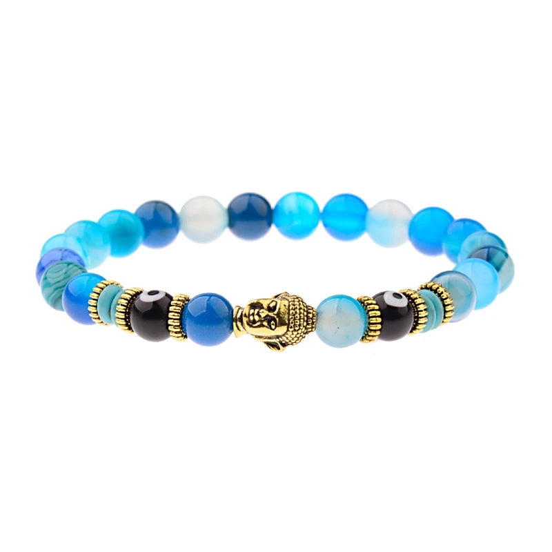 Charm Buddha&Evil Eye Bracelet Women 8mm Elastic Round Bright Black Stone Chakra Bracelets Men Erkek Bileklik Homme
