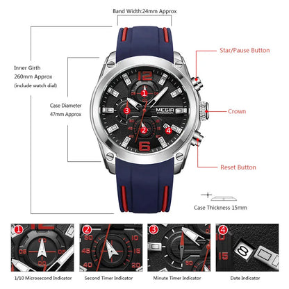Megir Men's Chronograph Analog Quartz Watch With Date, Luminous Hands, Waterproof Silicone Rubber Strap Wristswatch for Man