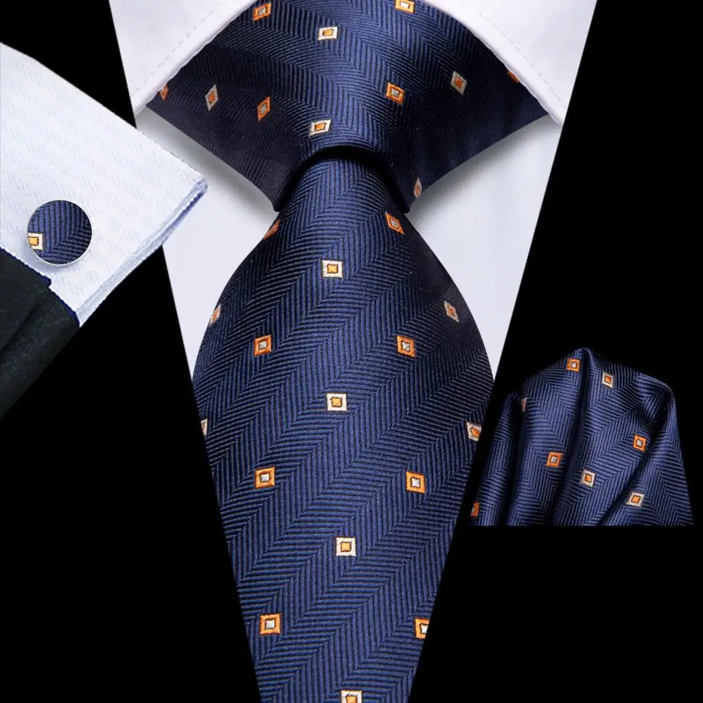 Business Tie for Men Silk Blue Tie Dots Necktie Set Plaid Cufflinks for Wedding Business Tie 150cm Hi-Tie SN-3529