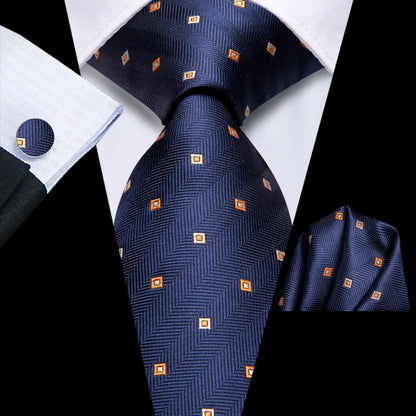 Business Tie for Men Silk Blue Tie Dots Necktie Set Plaid Cufflinks for Wedding Business Tie 150cm Hi-Tie SN-3529