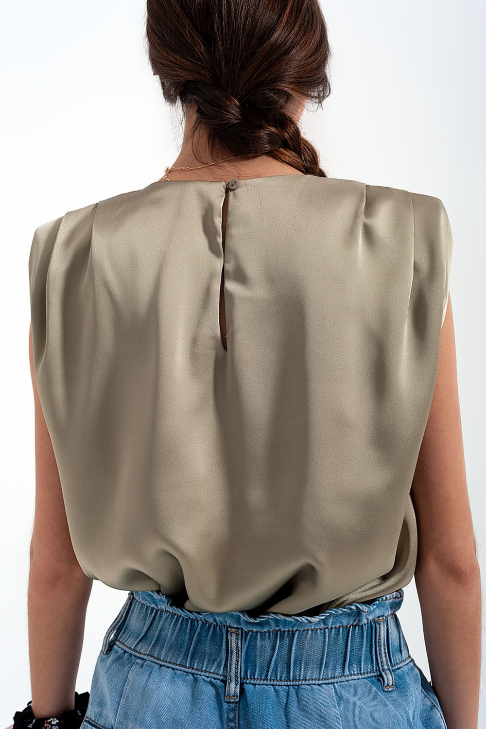 Gathered Satin Shoulder Pad Sleeveless Top in Green