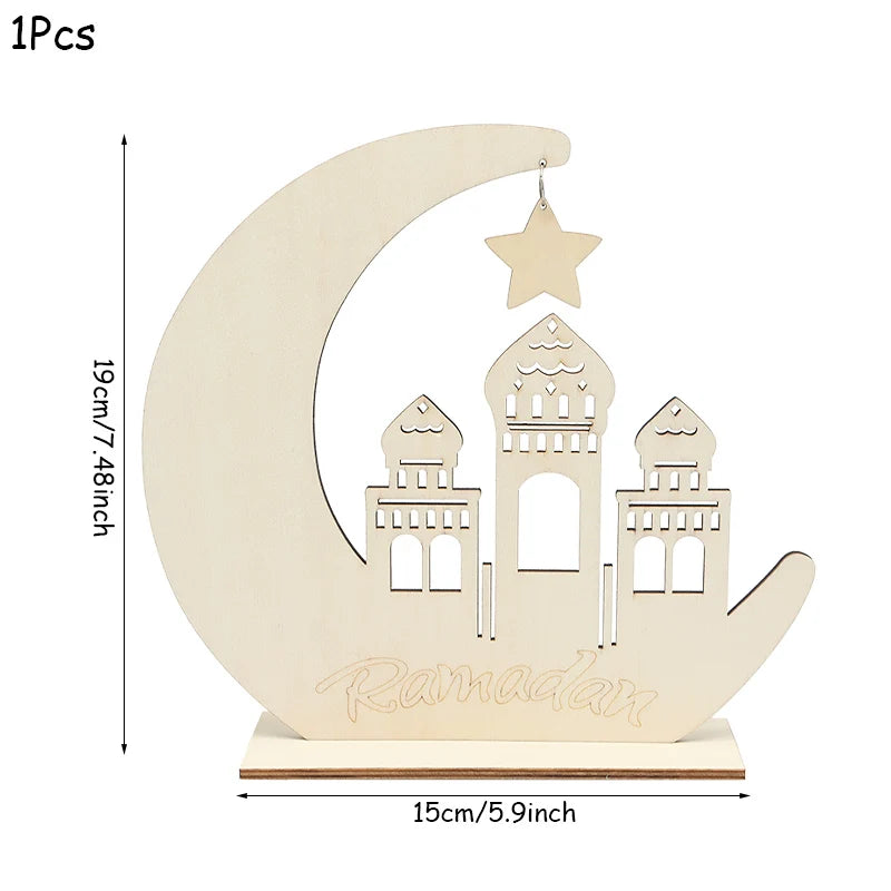 EID Mubarak Wooden Pendant With LED Candles Light Ramadan Decorations for Home Islamic Muslim Party Eid Decor Kareem Ramadan