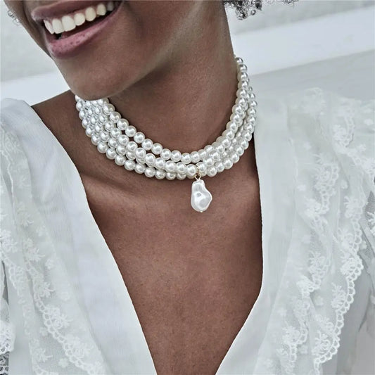 Ingemark Fashion Multilayer White Imitation-Pearl Choker With Metal Slice Fixation Wide Bib Necklace Jewelry for Charm Women